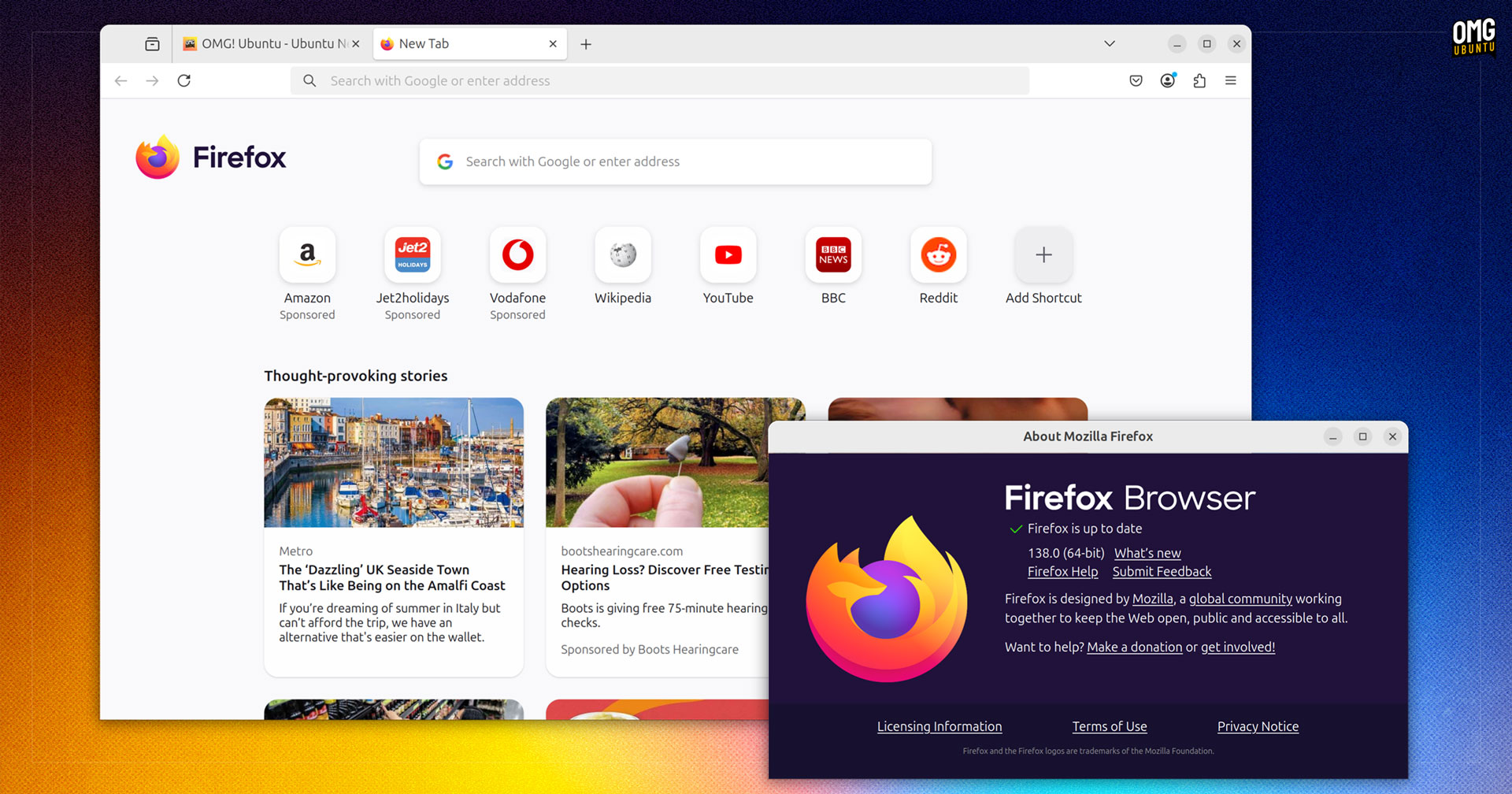 Firefox 138 screenshot with about window open