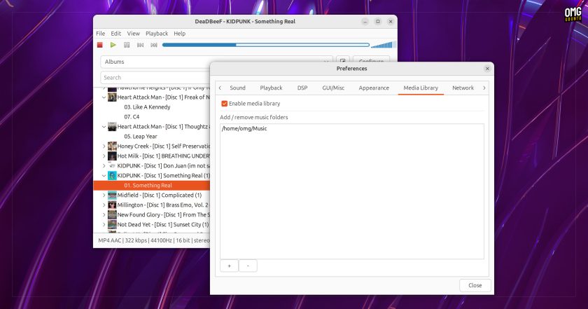 DeaDBeeF 1.10 media library screenshot showing music loading and playing