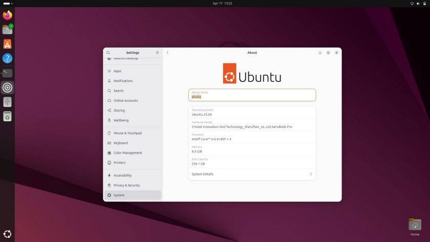 screenshot showing Ubuntu 25.04 desktop with the system settings app open. the page shows info about the hardware including the Ubuntu release version number