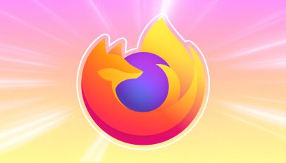 Firefox logo with a white outline centred on a colourful gradient background.