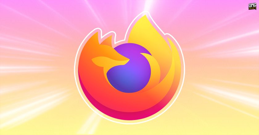 Firefox logo with a white outline centred on a colourful gradient background.