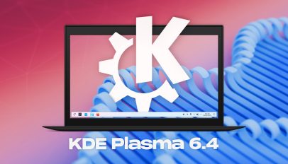 white text that reads KDE plasma 6.4; KDE plasma 6.4 screenshot on a laptop