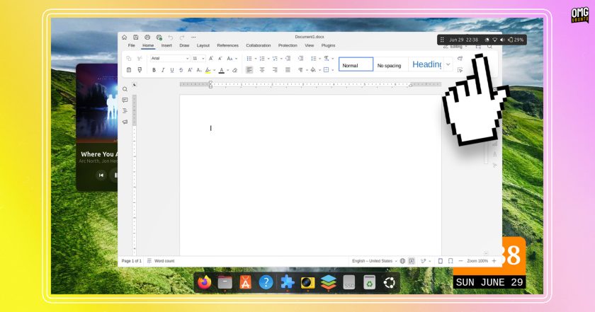 Pixelated finger points to floating mini panel on Ubuntu desktop screenshot.