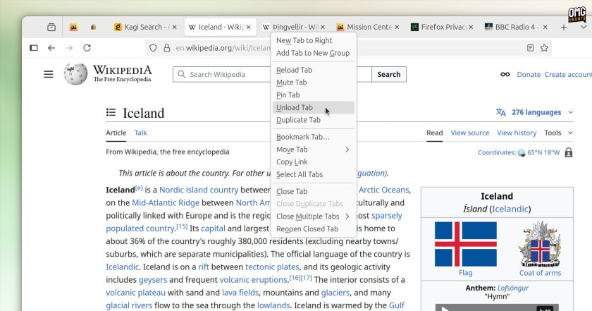 Context menu showing 'Unload Tab' optioning Firefox 140.
