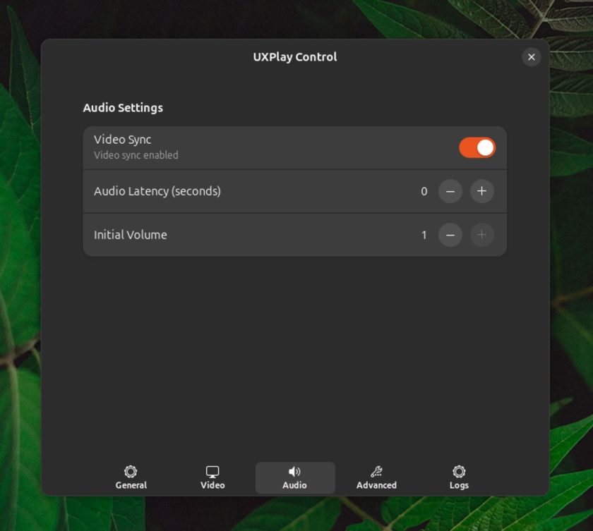 UxPlay Control extension's settings panel in GNOME Shells showing audio settings