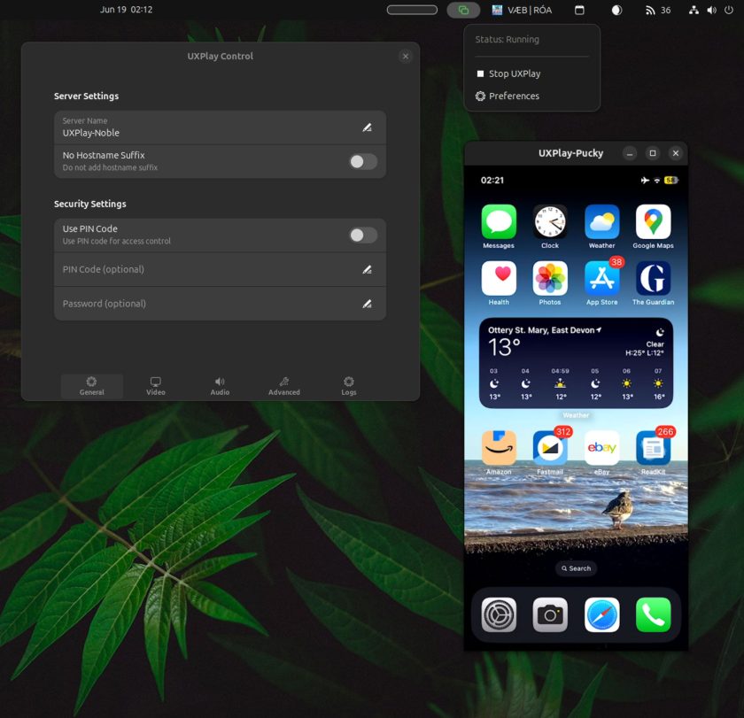 The UxPlay Control extension's settings panel in GNOME Shell