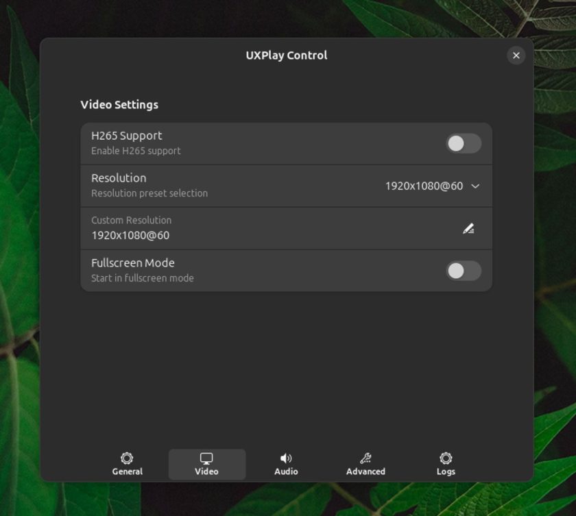 UxPlay Control extension's settings panel in GNOME Shells showing video settings