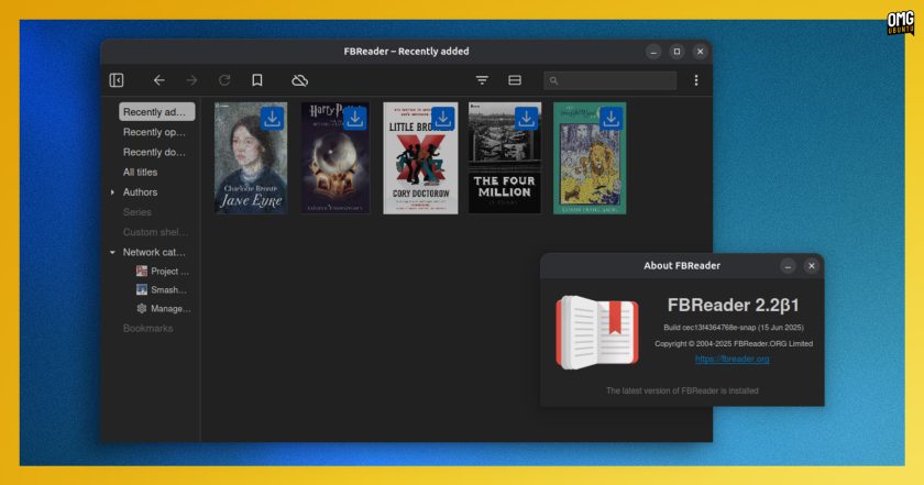 ebook thumbnails in FBReader; about dialog shows version number.