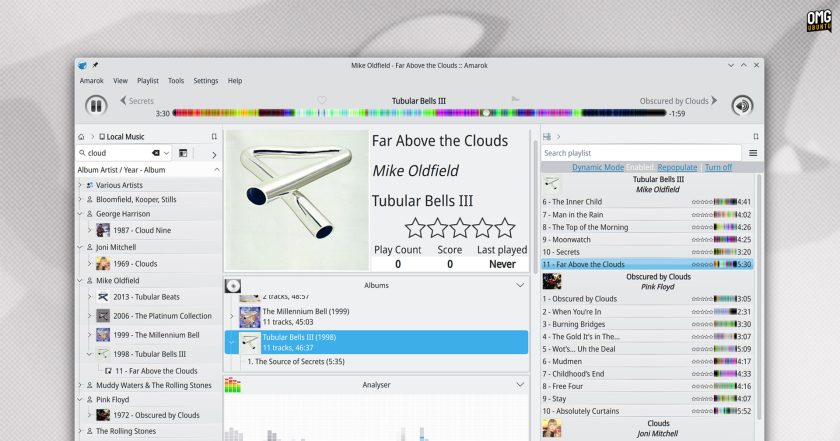 Amarok 3.3 music player showing an album and playlist.