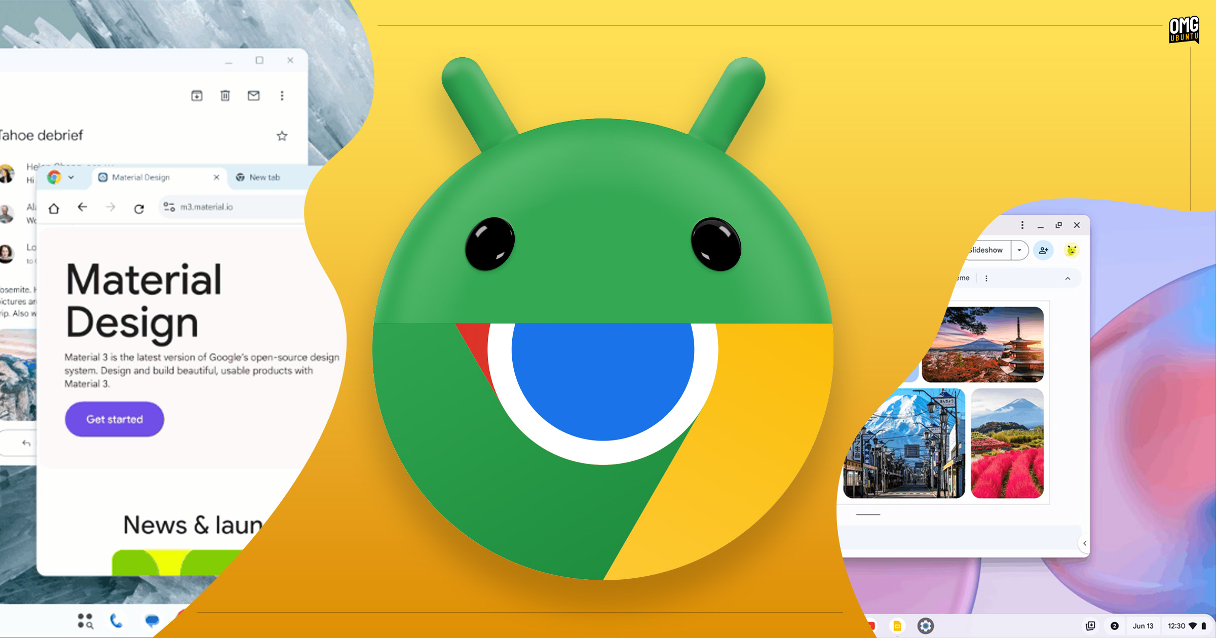 Android head logo on top of Chrome logo; screenshots of Chrome OS and Android 16 desktop mode behind.