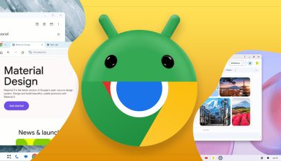 Android head logo on top of Chrome logo; screenshots of Chrome OS and Android 16 desktop mode behind.