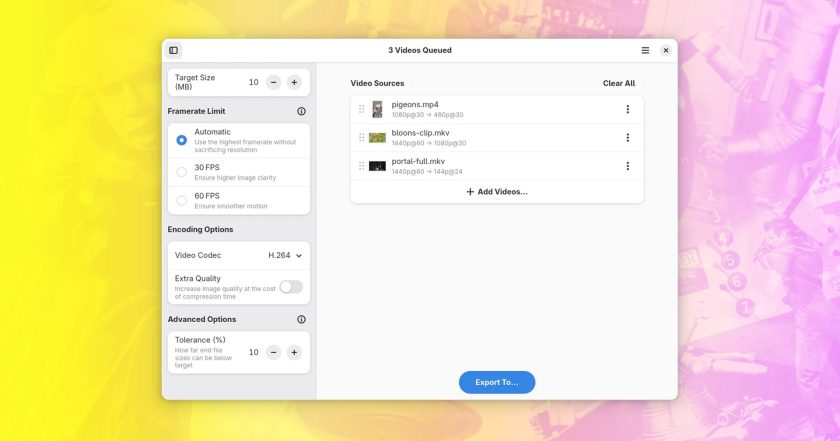 Constrict app GUI with three video files queued for compression, showing 10MB target size setting, automatic framerate selection, and H.264 encoding options.