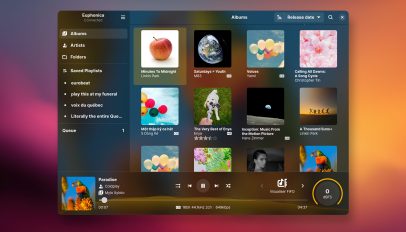 Album art in the euphonica music player on a colourful background.
