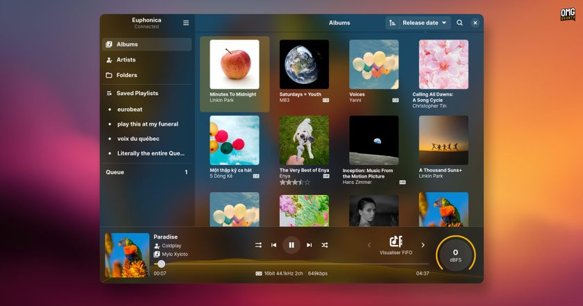 Album art in the euphonica music player on a colourful background.