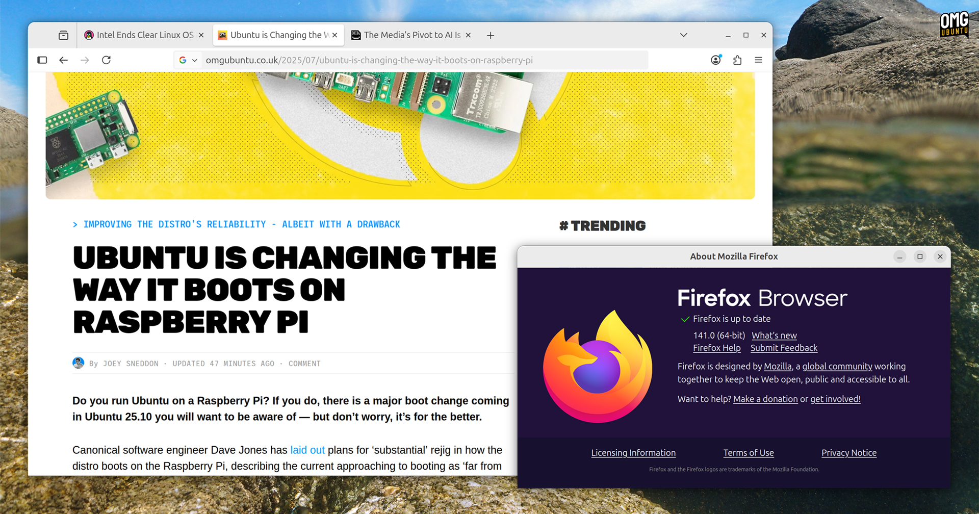 Firefox web browser open on Ubuntu displaying a web page, an About Dialog showing version number in foreground.