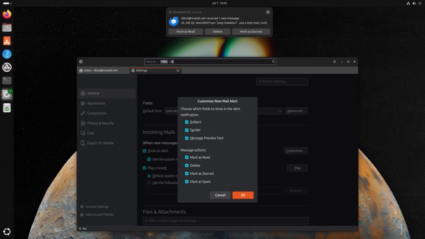 Thunderbird new mail notification on Ubuntu desktop shows three action buttons; Thunderbird window also open shows customisation options for message actions. 