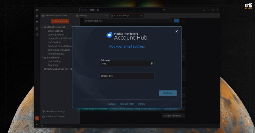 Thunderbird 140 Account Hub dialog screen asking to 'add your email address'.