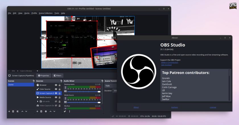 OBS Studio application window and about dialog.