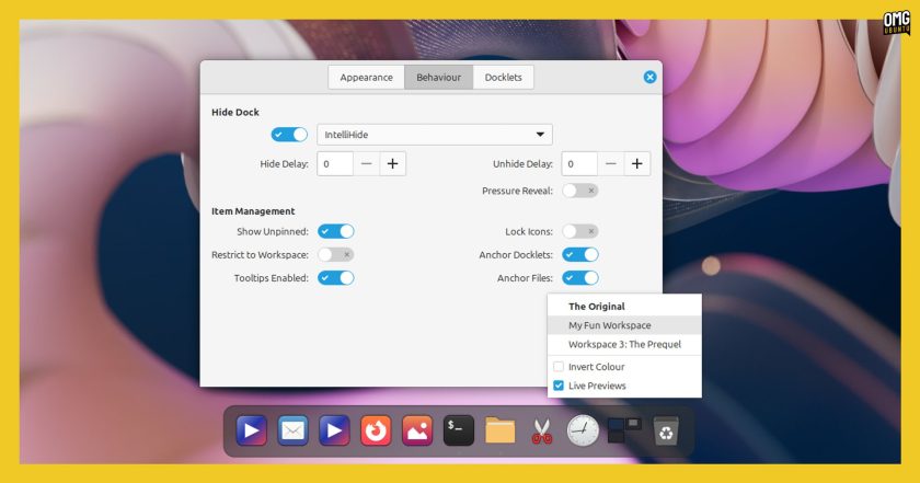 Plank Reloaded screenshot; Workspaces docklet menu showing; Preferences window open.
