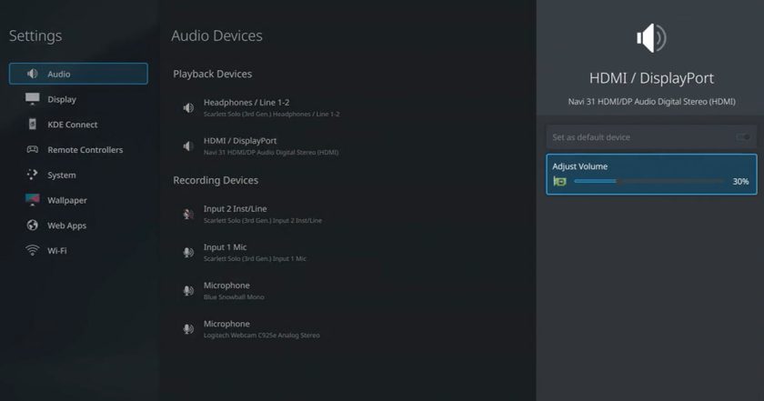 Settings screen showing HDMI/Displayport audio adjustment in Plasma Bigscreen.