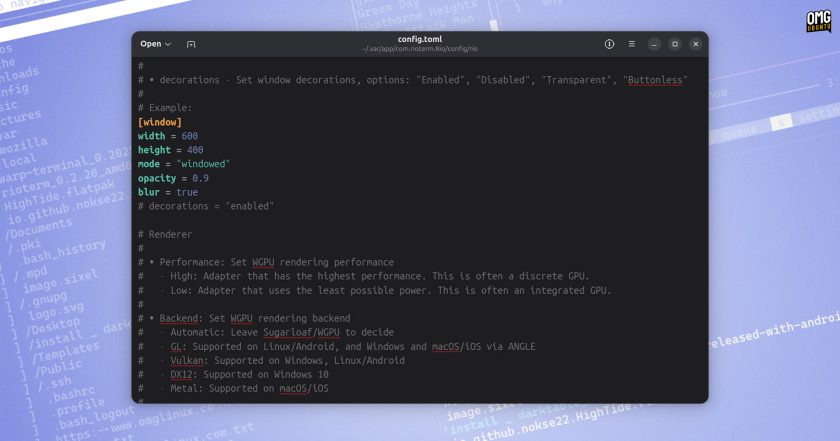 Rio terminal config.toml file contents being shown in the Text Editor app.