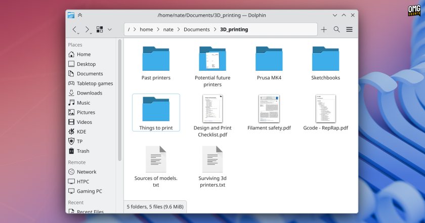 Dolphin file manager showing a grid of file and folder icons; one folder is selected.