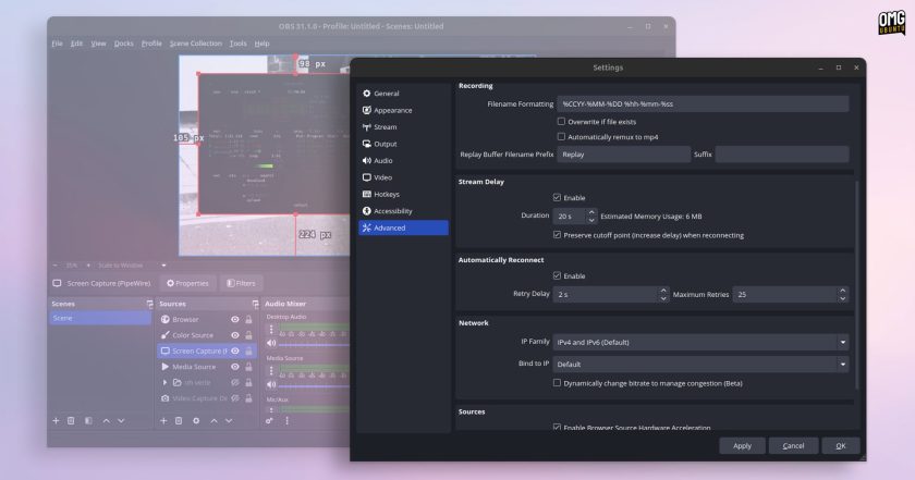 OBS Studio Settings panel, advanced tab, showing various options.