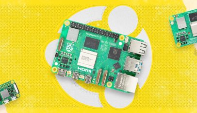 Raspberry Pi 5, Compute Module 5, and Pi Zero W devices on a yellow background.