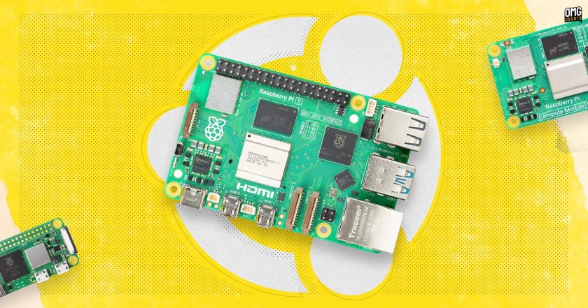 Raspberry Pi 5, Compute Module 5, and Pi Zero W devices on a yellow background.