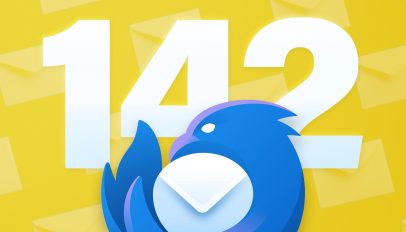 The number "142" in white; Thunderbird email client logo in foreground; yellow background with faint row of envelopes at an angle.