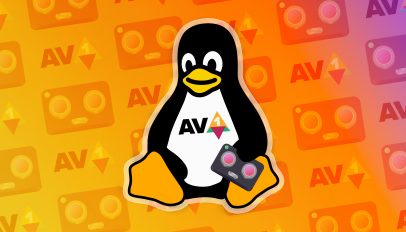 Av1 logo overlaid on chest of the penguin Linux mascot; colourful gradient background with AV1 logos.