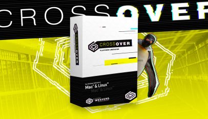 CrossOver Wine software for Mac and Linux in a box with a penguin peeking out from behind.