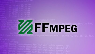 FFmpeg logo on a purple background; text from ffpmeg command visible.