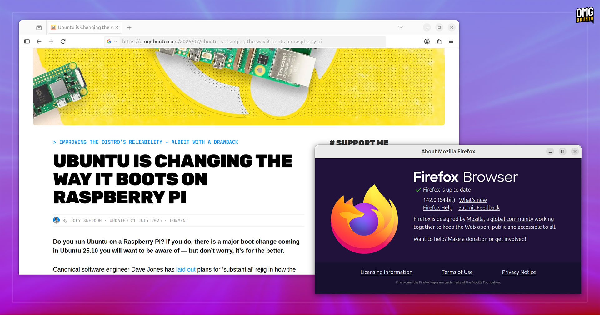 Firefox browser showing a webpage. A Firefox browser about dialog is also visible, with version string 142.