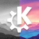 KDE logo in white overlaid on landscape background.