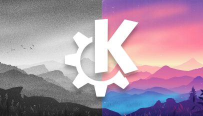 KDE logo in white overlaid on landscape background.