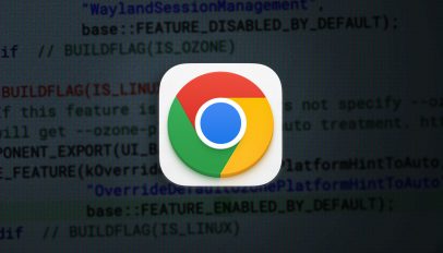 Google Chrome logo against a dark background with Chromium code commit text overlaid.