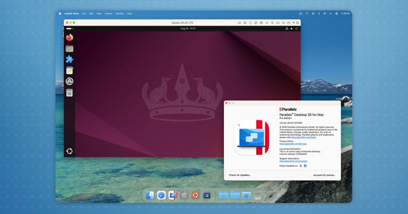 Image shows Parallels Desktop 26.0 running an Ubuntu VM.