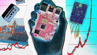 A hand holding a pink circuit board surrounded by technology elements, shipping containers, coins, and a rising graph.