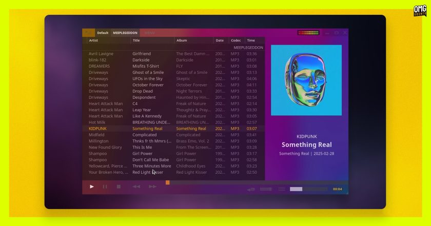 Music player UI showing playlist and playing "Something Real" by KIDPUNK, with 3D metallic face album artwork displayed.