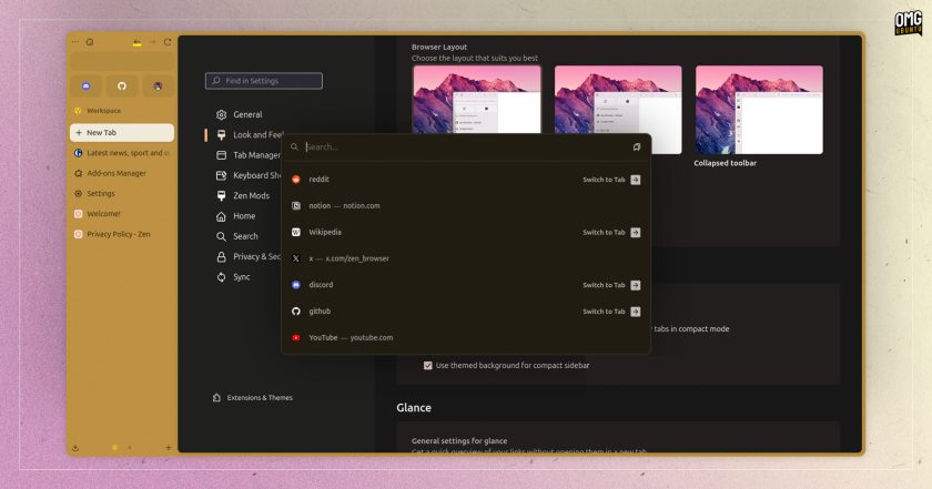 Dark theme active in Zen browser, with interface showing settings page and a URL prompt dialog in the center.
