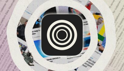 Abstract graphic with the Zen browser logo (dark square with concentric circles), against a collage of images and text.