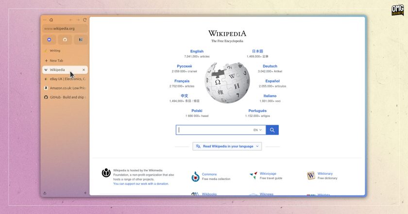 Screenshot shows Zen Browser with Wikipedia open, various open tabs and toolbar items showing. All overlaid on a colourful background. 