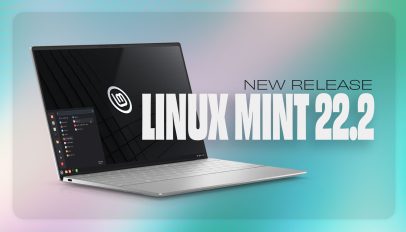 Laptop with white text in front reading "Linux Mint 22.2 New Release"