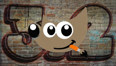 GIMP Wilber logo in front of a brick texture with the number 3.2 graffitied on it