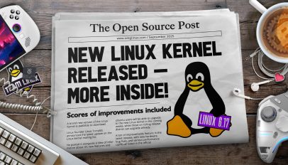 Newspaper headline announcing the release of a new Linux kernel, featuring the Linux penguin mascot.