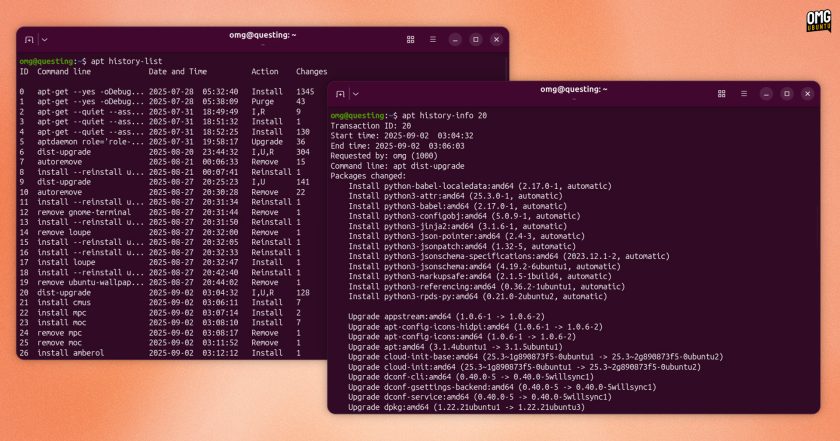 Two terminal windows showing output of the apt history commands.