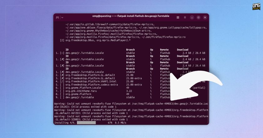 Ubuntu 25.10 Flatpak error message showing revokefs-fuse unmount failure.