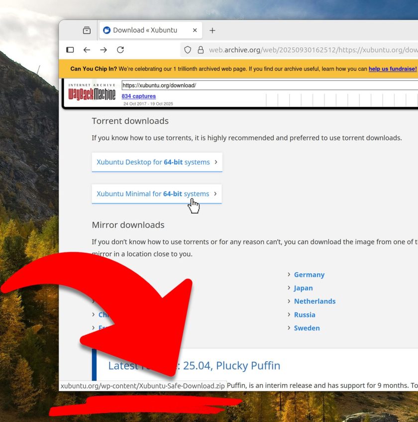 Red arrow pointing to malicious zip file on Xubuntu website hiding behind torrent link 