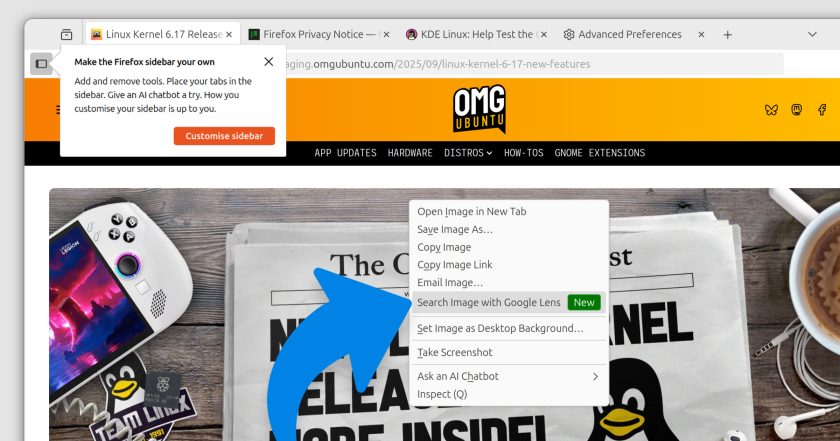 Arrow points to the Search Image with Google Lens option in Firefox 144 context menu.